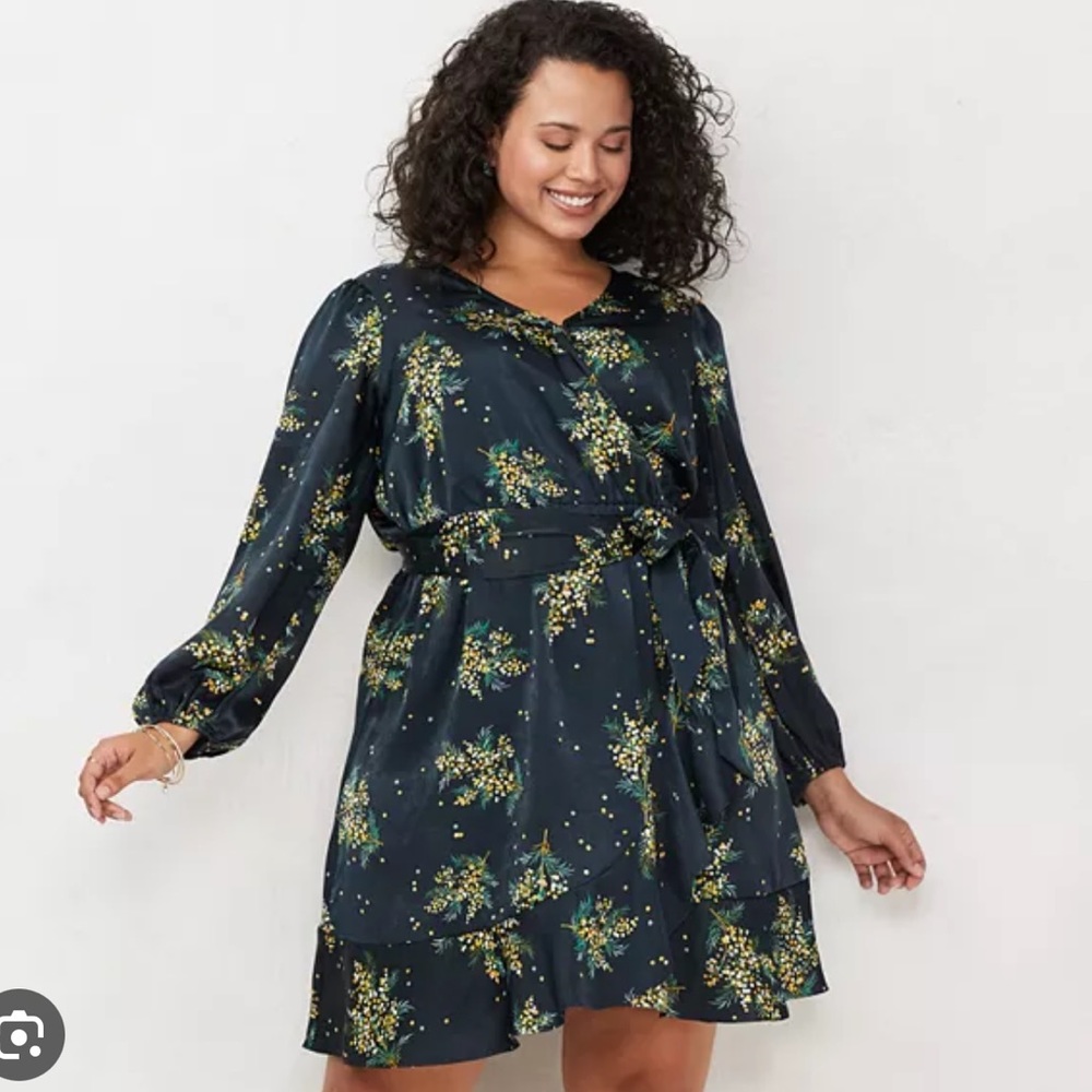 LC Lauren Conrad Balloon Sleeve Faux Wrap Sprig  Satin Dress plus XX Large